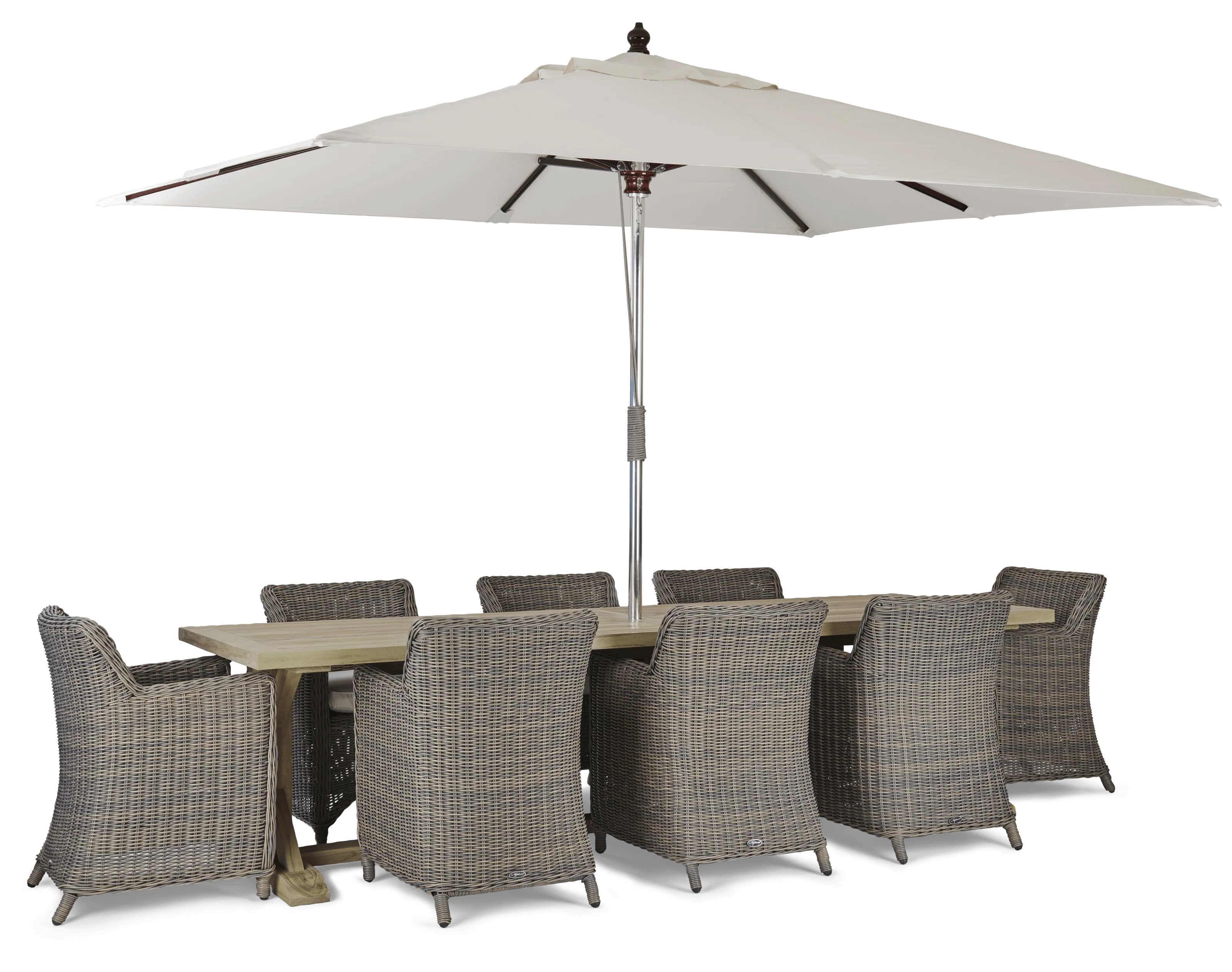 Harmondsworth 8 Seater Teak Garden Dining Table Set with Stanway Reed Carver Chairs & Parasol - Image 3